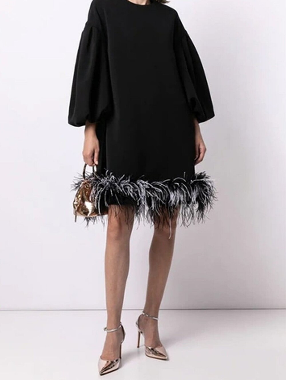 NWOT HUISHAN ZHANG Puff Bishop Sleeve Dress with Ostrich Blk/White Feather Hem.